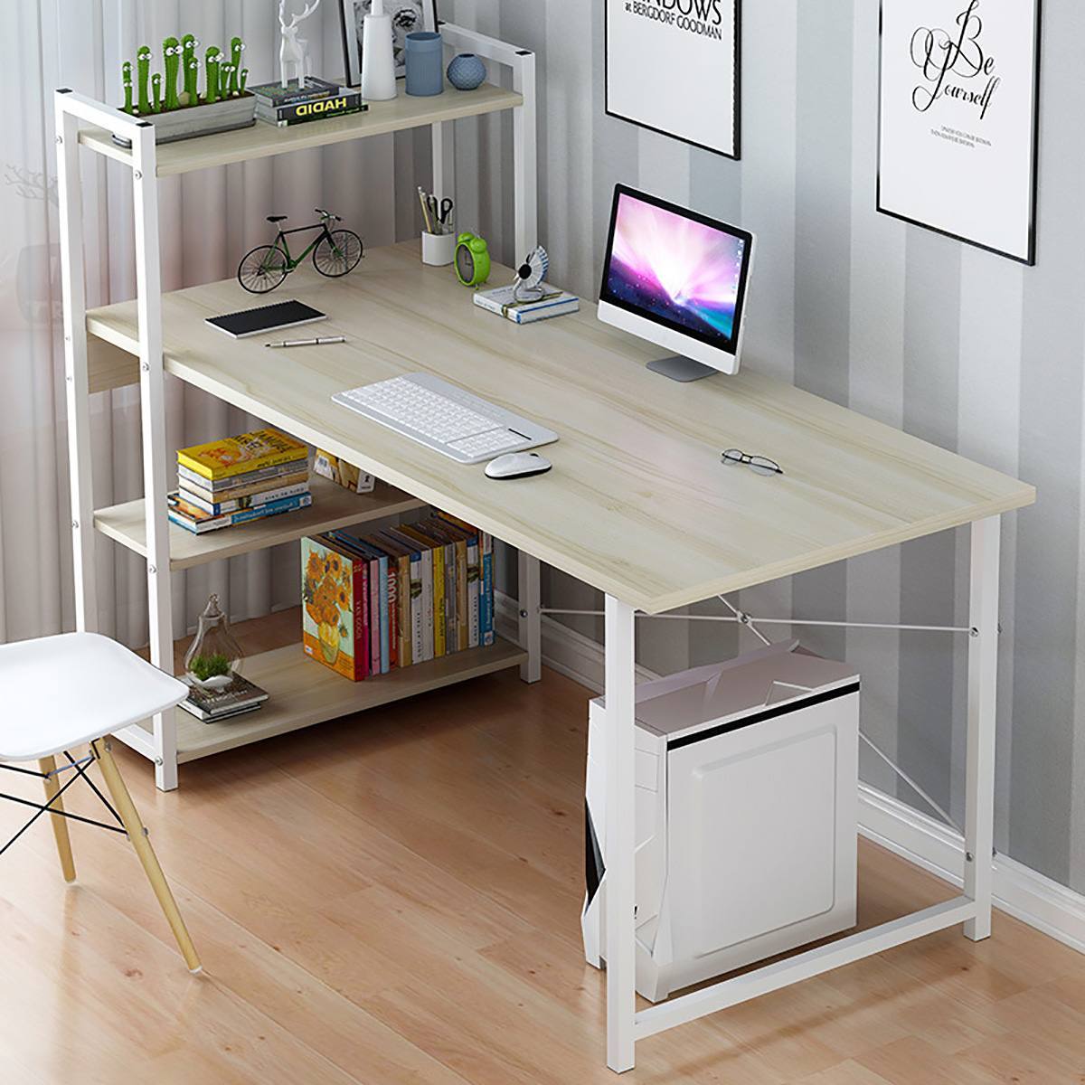 Upgraded Computer Laptop Desk Modern Style Computer Desk with 4 Tiers Bookshelf for Home Office Studying Living Room Furniture