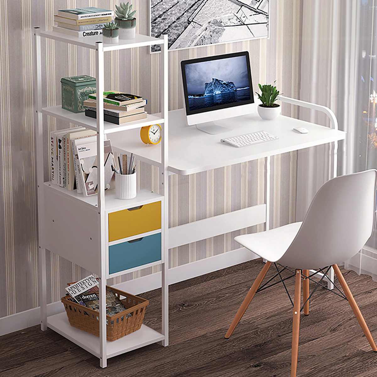 Computer Desk Laptop Writing Table Study Table with Shelves Drawers Large Wood Office PC Laptop Workstation Home Gaming Desk