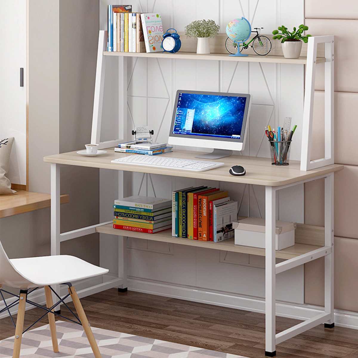 100/120CM Multi Layer Modern Office Desk Computer Table Laptop Study Table Metal Steel Frame Easy Assemble Home Office for Work